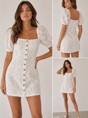 Free People Daniella Eyelet Mini Dress White Puff Sleeve Button Front Women’s 2